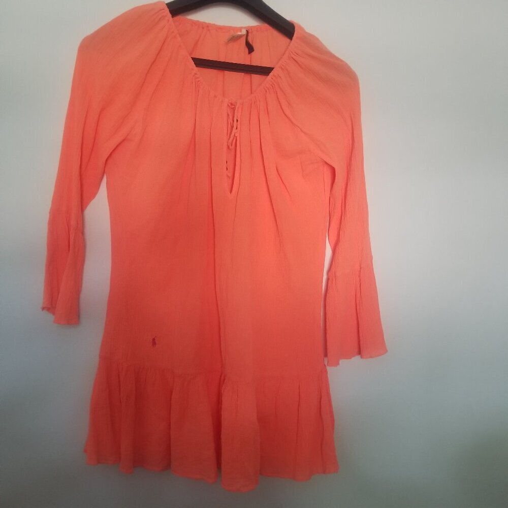 Polo Ralph Lauren Womens Neon Orange Cotton Tie Boho Ruffle Hem Dress. Medium